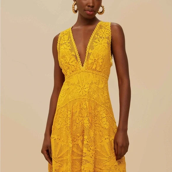 NWOT! Farm Rio Landscape Guipure Mustard Yellow Midi Dress - Picture 3 of 6